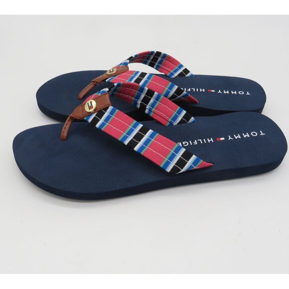 Tommy Hilfiger Women's Flip Flops Plaid Straps Navy Sole Thong Sandals Size 9 NE - Picture 3 of 6